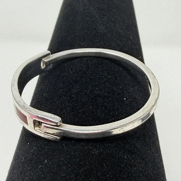 Vintage Mexico 925 Sterling Silver Abalone Red Shell Inlay Hinged Cuff Bracelet - Picture 8 of 16